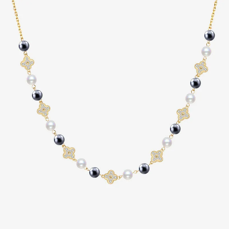Lucky Cubic Zirconia Clover Crystal Pearl Cable Chain Bolo Slider Necklace